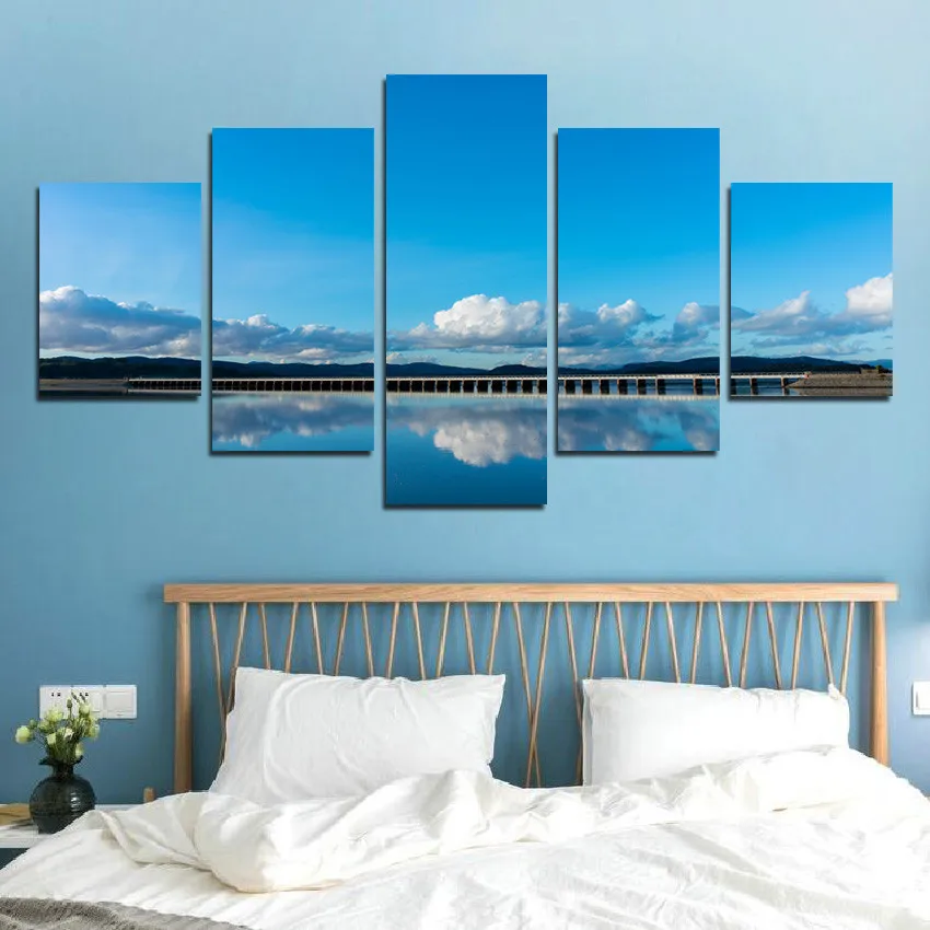 

5pcs Blue Sky White Clouds And Reservoir Gate Reflection Photography Printing Canvas Home Decorative Frameless Poster
