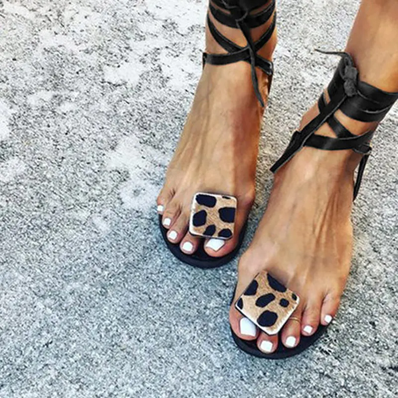 Женские леопардовые сандалии на шнуровке модная женская обувь размера плюс 43