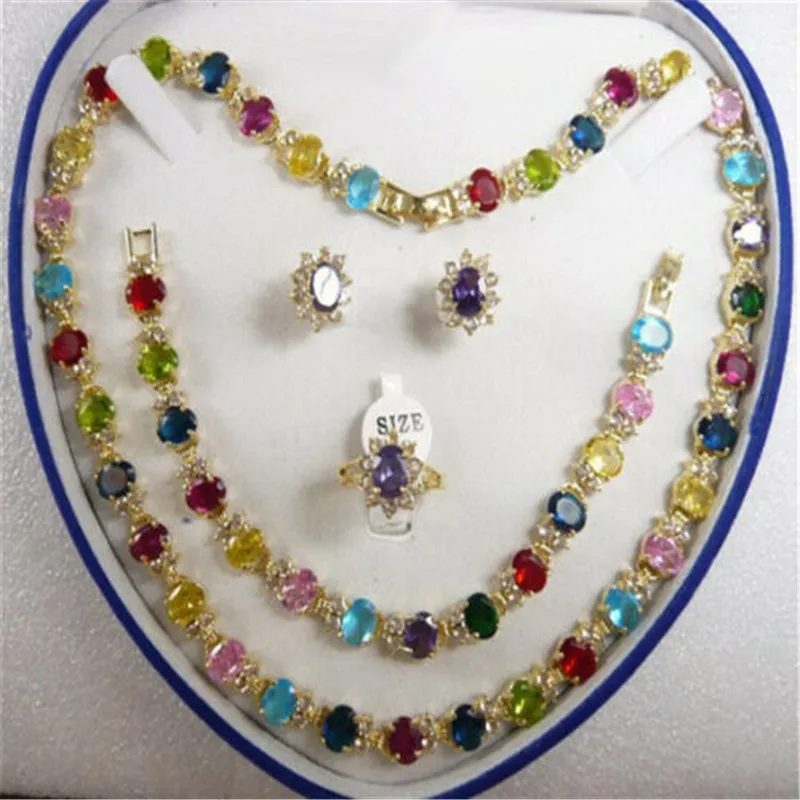 

Multi-Color Cubic 18KGP Crystal Necklace Bracelet Earrings Ring Set