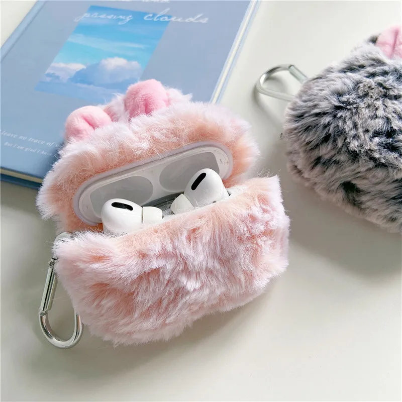 Чехол для наушников Apple Airpods Pro милый мягкий теплый объемный чехол из кроличьи уши