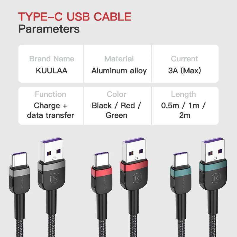 USB кабель Kuulaa типа C 3A для быстрой зарядки и передачи данных Samsung S10 Xiaomi Mi 10 Redmi Huawei P40