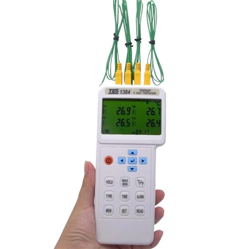

TES-1384 4 Inputs Thermometer Datalogger，type of thermocouple,Hi Lo alarm values，Memory and Read function