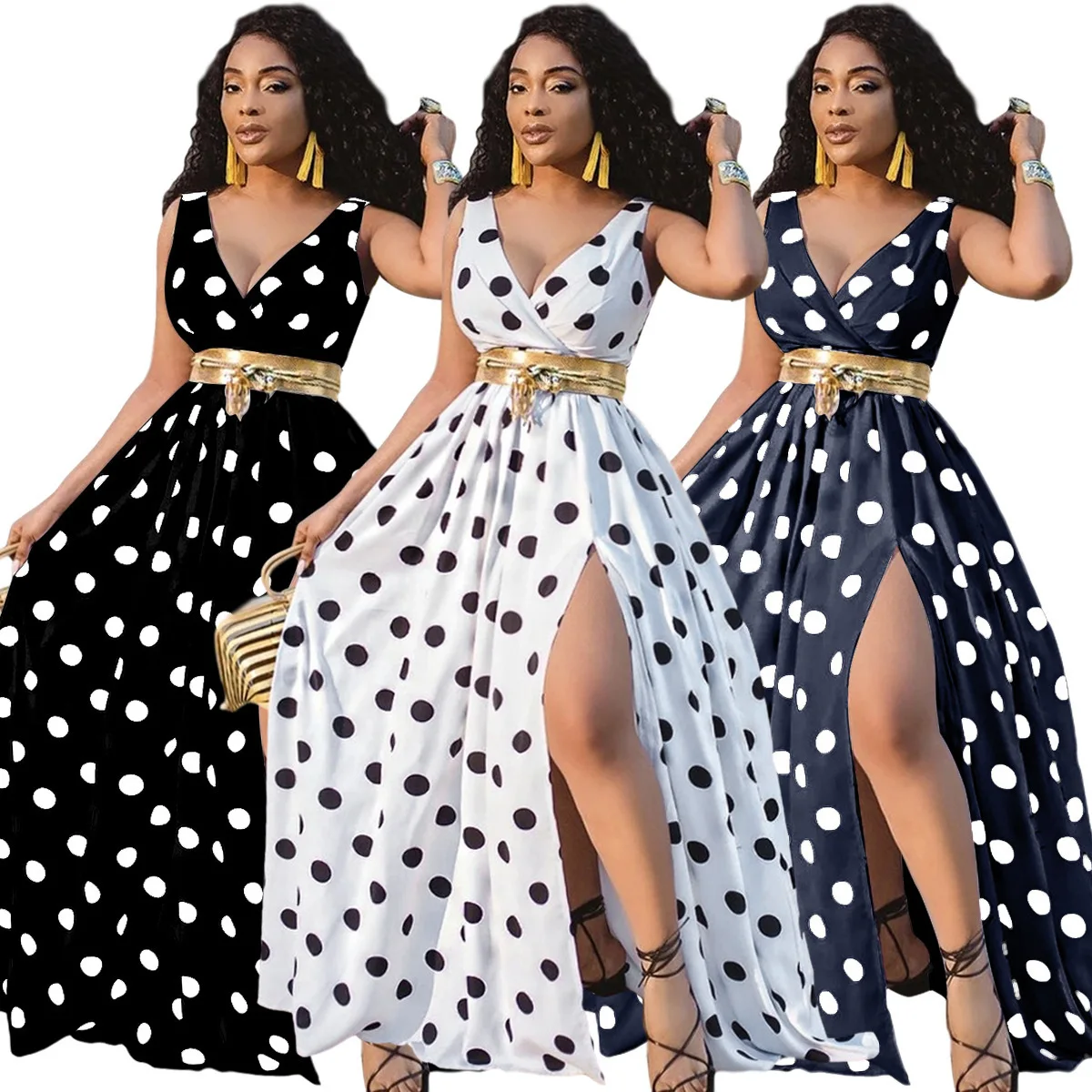 

African Clothes Dinner Maxi Dress For Women Sleeveless Printed Polka Dot Slit Beach Party Dress Night Club Long Skirt With Belt
