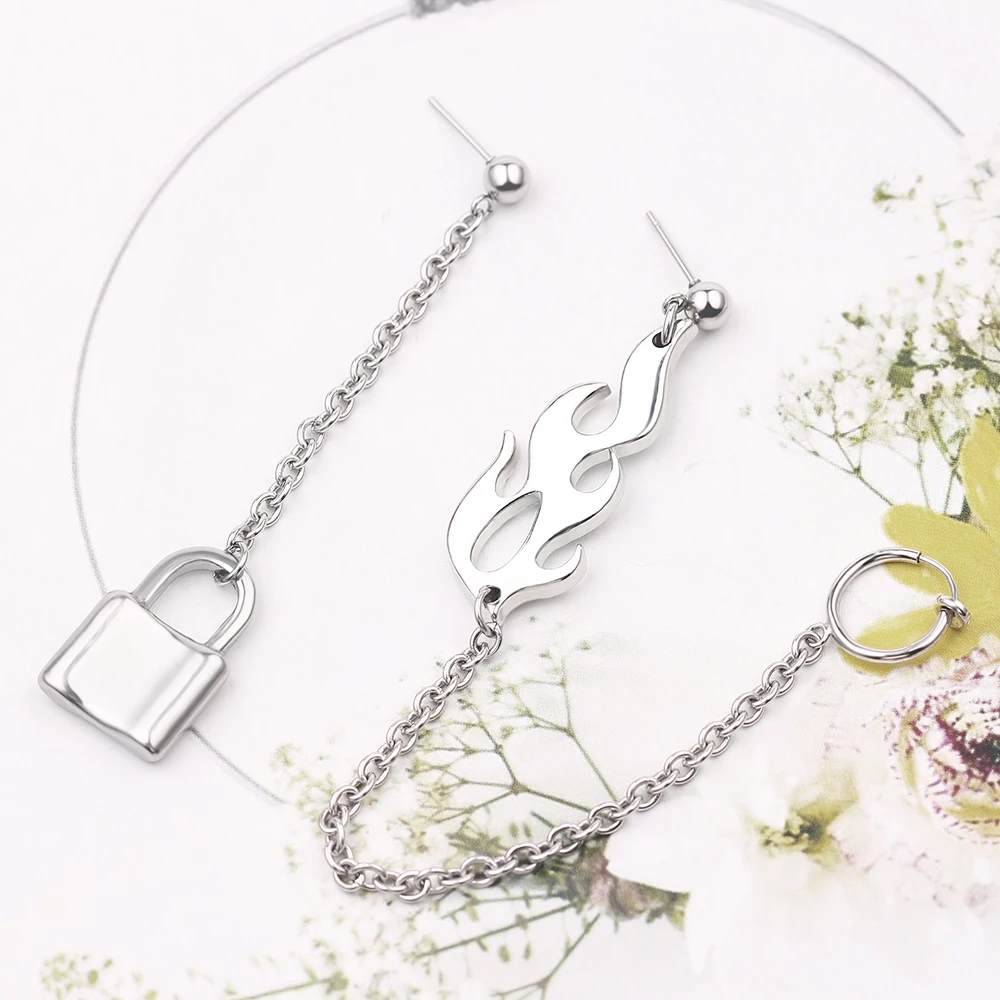 Женские серьги унисекс в стиле панк рок уличные с замком и пламенем Харадзюку