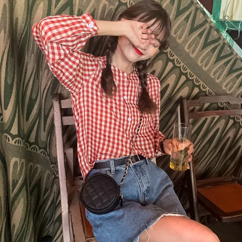 

Korean Version Women Round Neck Shirt Vintage Plaid Long Sleeve Blouse Shirt Temperament Loose Wild Casual Shirt 2019 Hot