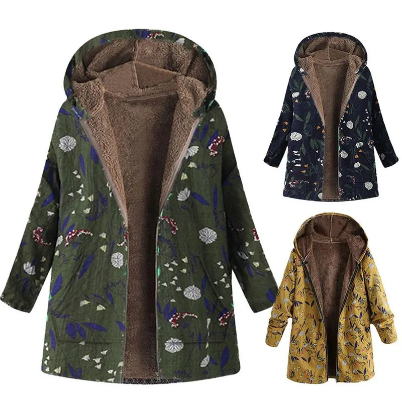 Vertvie Женское зимнее пальто свободное с цветочным принтом капюшоном верхняя