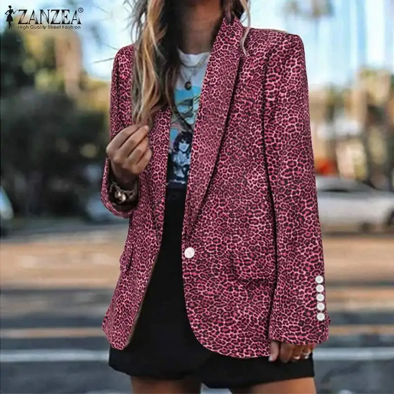 

Vintage Lapel Button Jackets Fashion Women Leopard Blazer ZANZEA Casual Long Sleeve Corduroy Printed Coats Female Office Suits