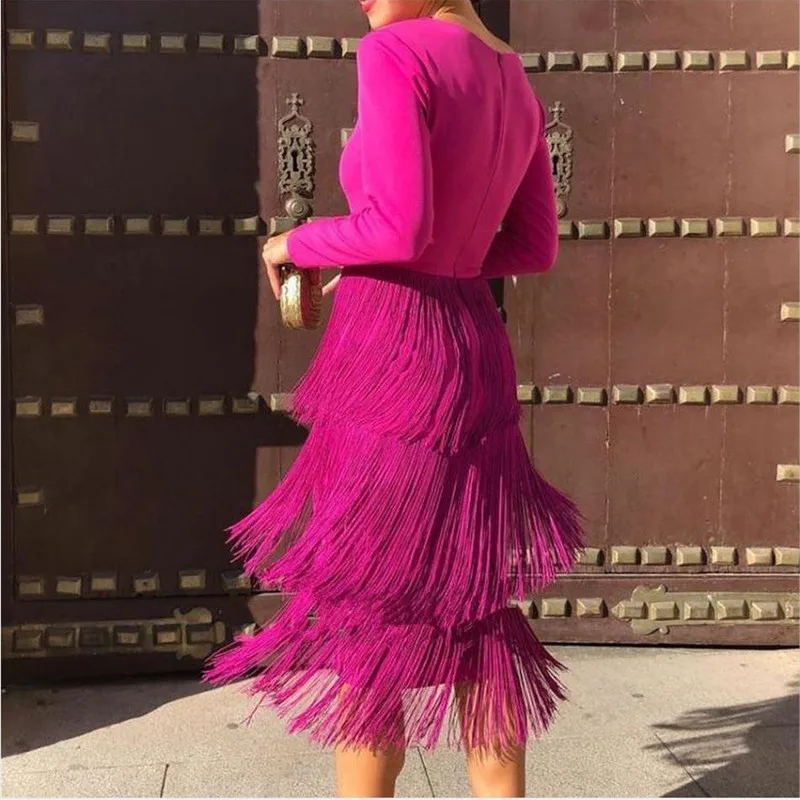 

2020 Spring Casual Women O-neck Dress Elegant Patchwork Tassel Long Sleeves Maxi Dresses