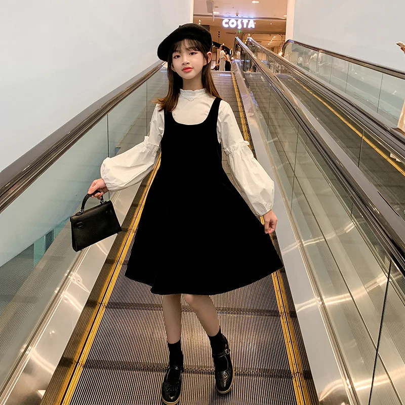

2021 Teen Girls Clothes Set Autumn Spring Tops and Sleeveless Dress 2 Pcs Suit Children Outfits Boutique Kids Clothing 4-14Y