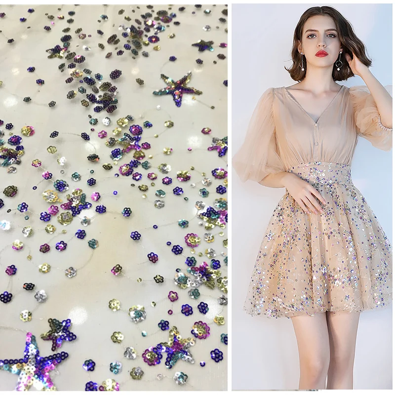 

1yard/lot 130cm fashion sequin embroidery mesh lace fabric / Star gauze Fabric diy Stage costume, children's wear, women's dress