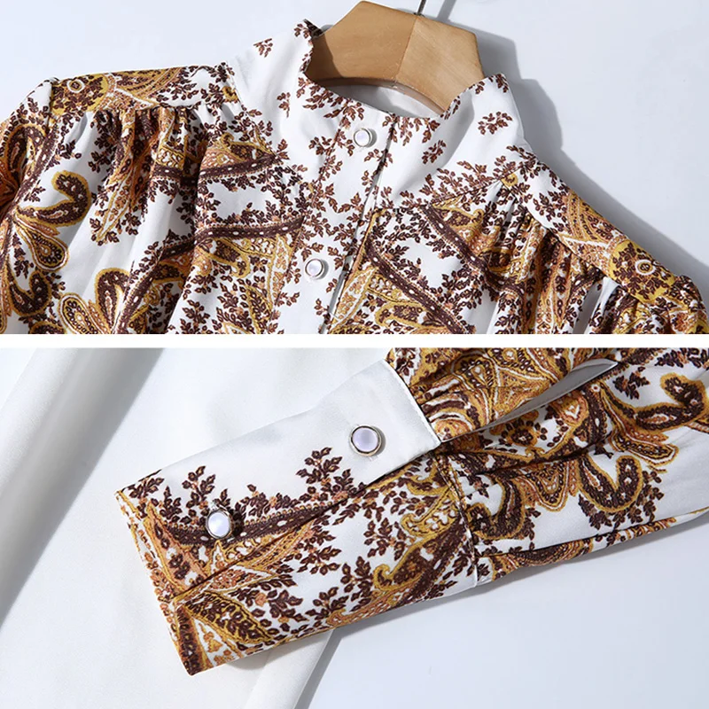 

Willstage Women shirts golden floral printed Blouse female new autumn turtle neck long sleeve blouse Elegant patchwork tops