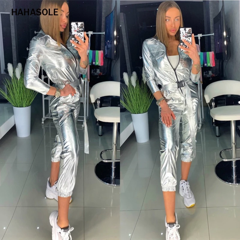HAHASOLE Yoga Boysuit модный спортивный комплект для отдыха из искусственной кожи для женщин на молнии Кружевной Комбинезон спортивный комбинезон для спортзала одежда HWA4597-2