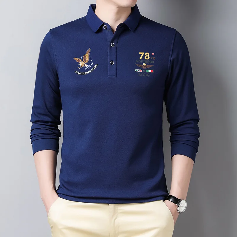

Men's Causal Polo Shirt Turn-down Collar Long Sleeve Shirt Solid Color With Embroidery Spring Autumn Streetwear Male Top Tees