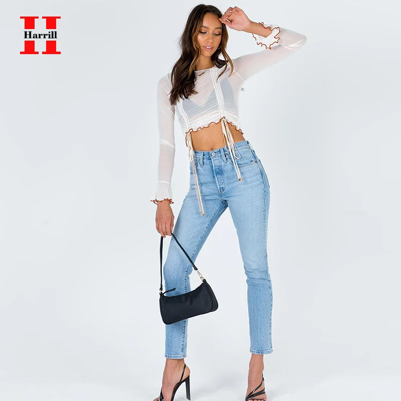

Sexy Perspective Flared Long-sleeved Crop Top Women T-shirt Pleated Drawstring Cropped T-shirts Fashion Ins T Shirts