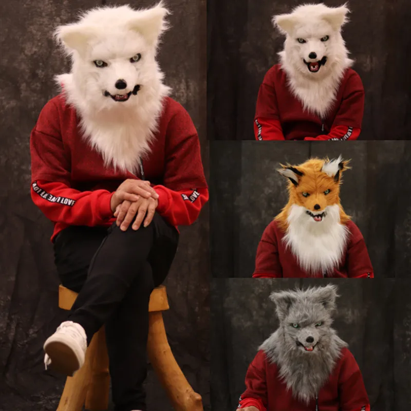 

Animal Mask Long Hair Fox Head Cover Mouth Can Be Opened Cosplay Mardi Gras