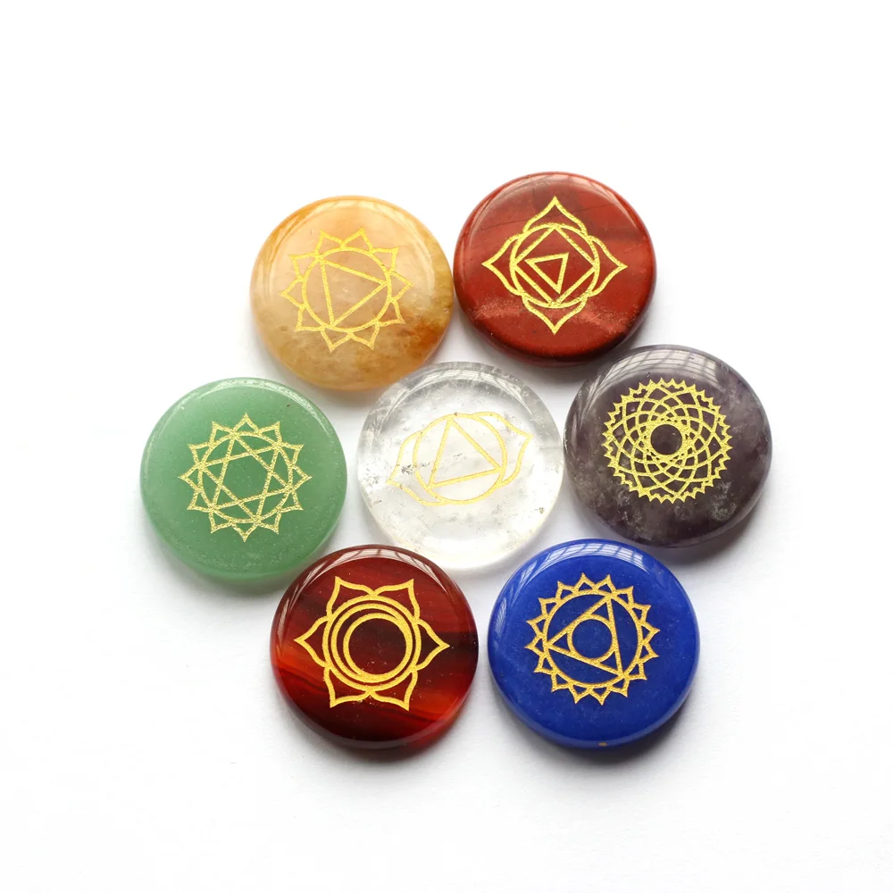 7 PCS Chakra Natural Stones beads with Clear Quartzs for Jewelry Making Supplies 2.3cm Engraved Symbols Polished Palm Stone
