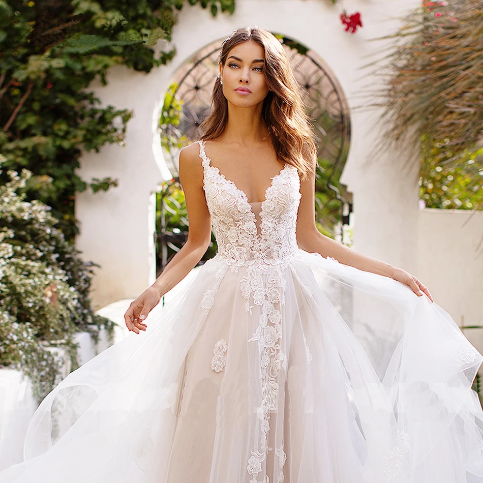 Vestido De Noiva сексуальное платье с v-образным воротом, с вырезом на спине с вышивкой кружевное свадебное платье бусины спагетти StrapsRomantic платье невесты из тюля