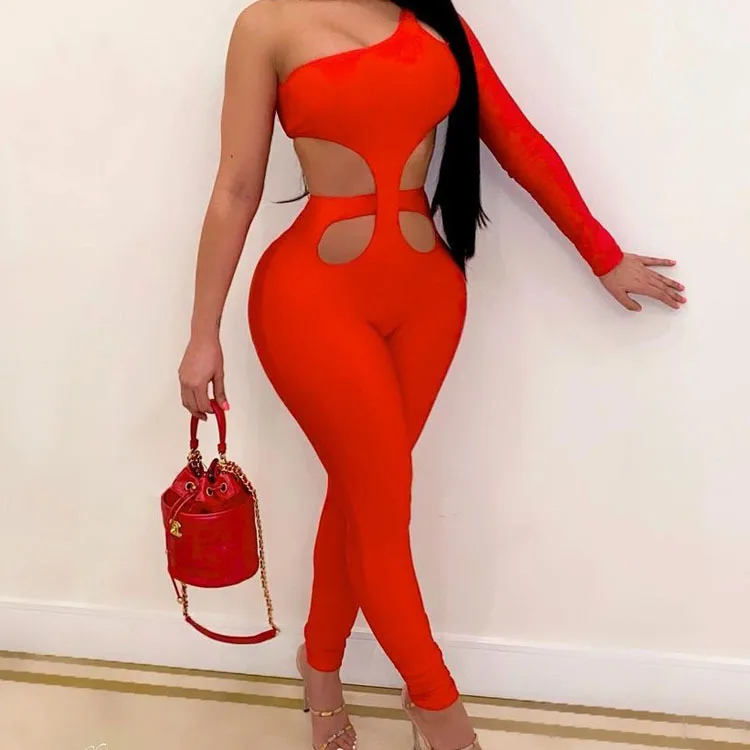 

Solid Color Hollow Sexy Tight One-shoulder Long-sleeved Jumpsuit 2021 Summer Women's New Decoration Waist Type Fabric Type Style
