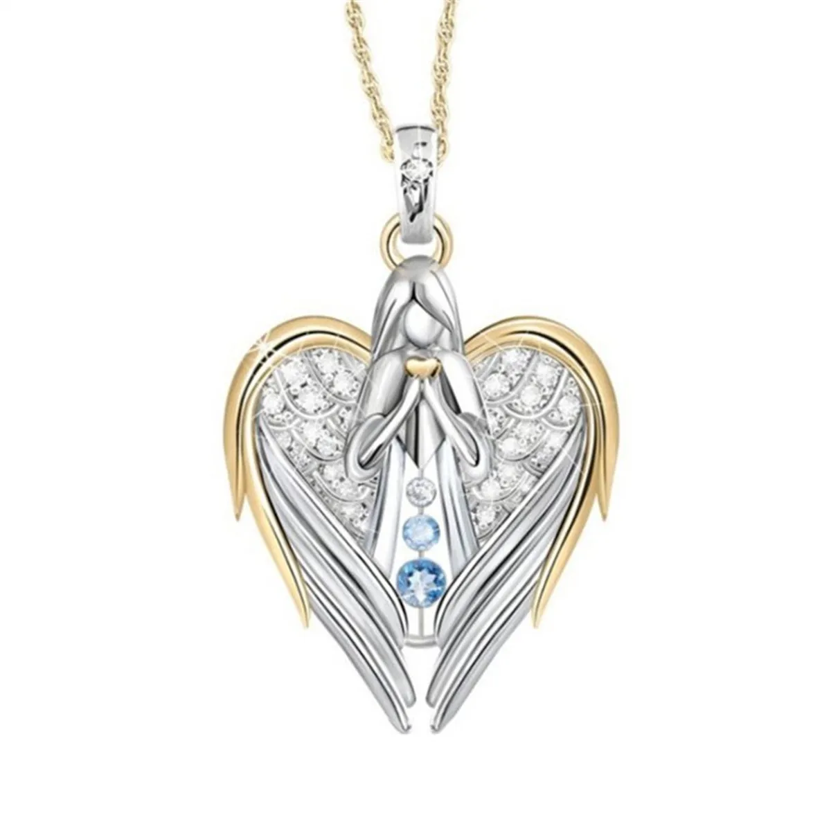 

Two Tone Silver Plating Blue Topaz Angel Pendant Heart Necklace Chain Jewelry