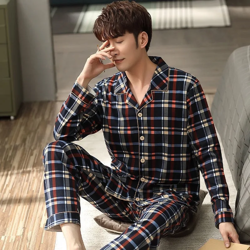 Men's Pajamas Set Large Size Plaid Male PJs Sleepwear Long Sleeves Loose Home Clothes For Man Soft Cotton Sleep Lounge Wear Suit