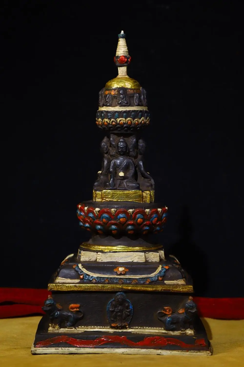 

11"Tibetan Temple Collection Old Bronze Cinnabar Painted Shakyamuni Buddha Buddhist Pagoda Worship Hall Town house Exorcism