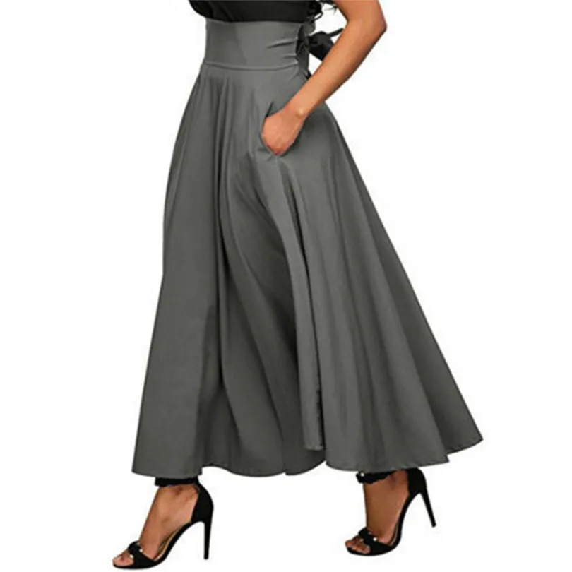 

CUHAKCI Maxi Long Skirt Women Pocket Summer Casual Loose Vintage High Waist Female Back Bow Streetwear Loose