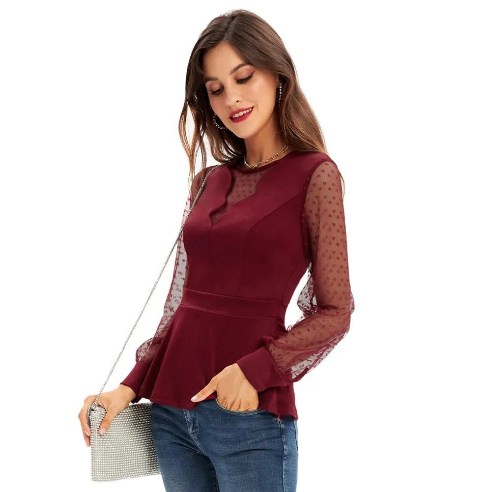 

Summer Shirts Women Mesh Patchwork Tops Long Sleeve Sheer Paneled V-Neck Peplum Tops Fashion Elegant Slim Office Lady Blouses