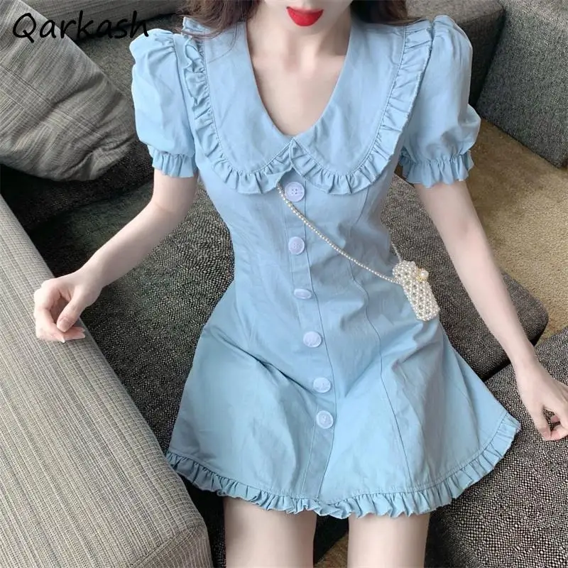 

Short Sleeve Dress Women Mini Button Solid Peter Pan Collar College Simple High Waist Trendy Retro Summer Ladies Vestidos Ins