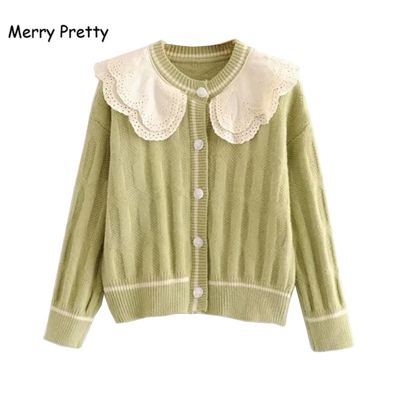 

Merry Pretty Women Cardigans and Sweaters Girls Sweet Green Knit Peter Pan Collar Jumpers Students Fall Winter Knitted Outwear
