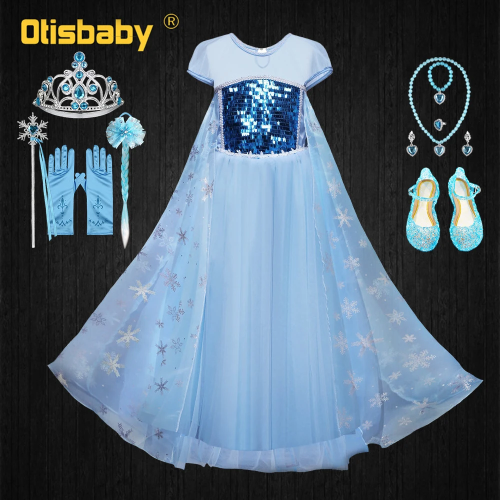 

Boutique Girls Elsa Dress Up Fancy Kids Light Blue Sequins Dress Party Halloween Snow Queen Princess ElzaCosplay Costume