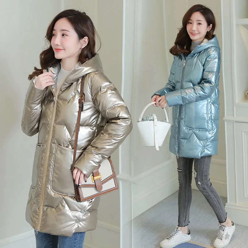 Winter Bright Face Down Padded Coat Women Mid-length Section 2021 Winter New Korean Style Slim Padded Padded Jacket Commute DW10