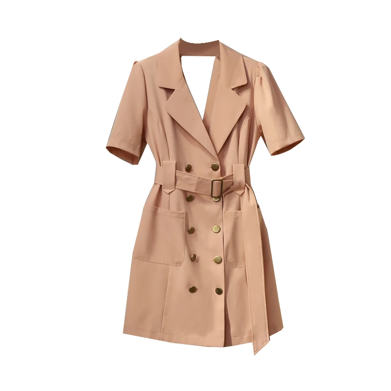 

Sexy Backless Blazer Long Design 2021 Summer New Elegant Double Breasted Lace-up Waist Slim Short Sleeve Business Suit Outfits