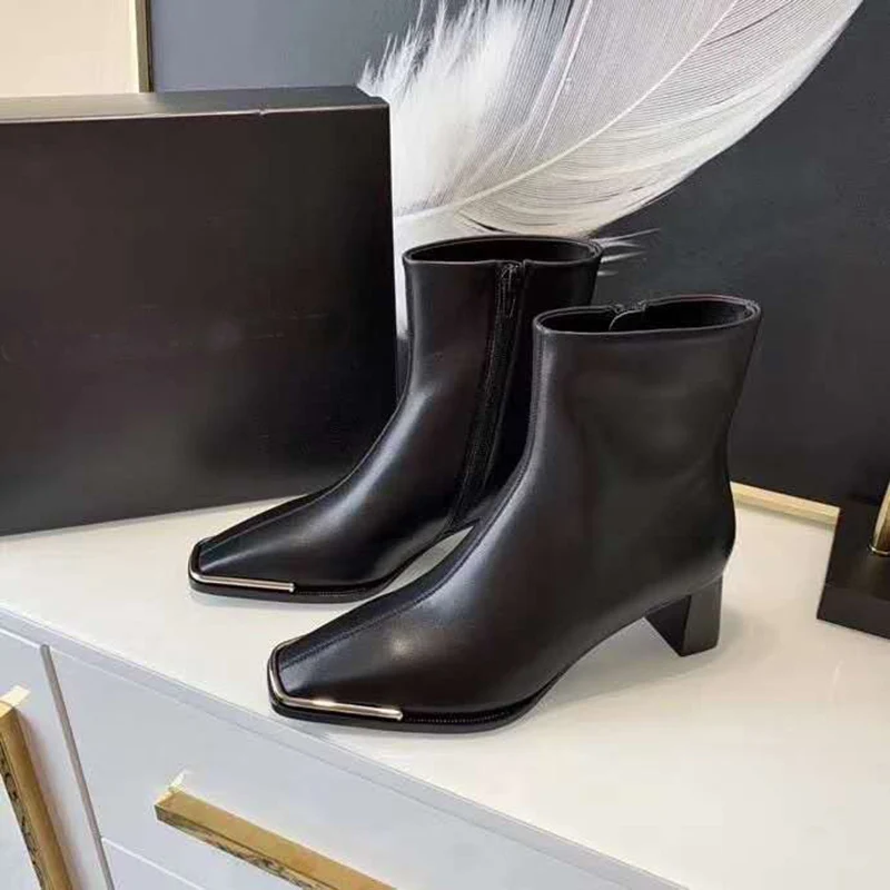 

vallu 2020 autumn and winter new full cowhide plain noodle casual fashion square head iron decorative beauty short boots