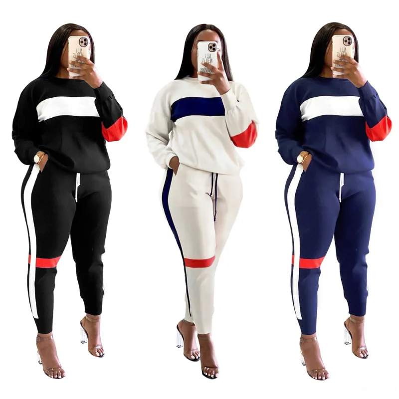 

Women Trouser Suits Female Set Geometric Patchwork Casual Tracksuits 2 Pieces Pants Set Sports Outfit Fashion Autumn Clothing