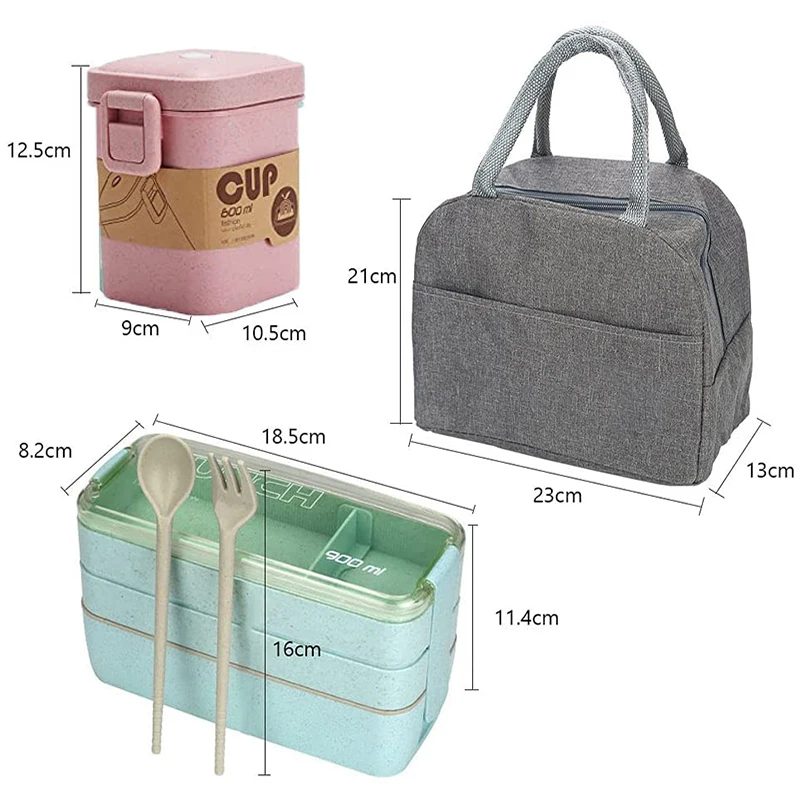 3 Layer Wheat Straw Lunch Box with Bag Japanese Microwave Bento Box with Fork Spoon Food Container for Student Office Staff images - 6