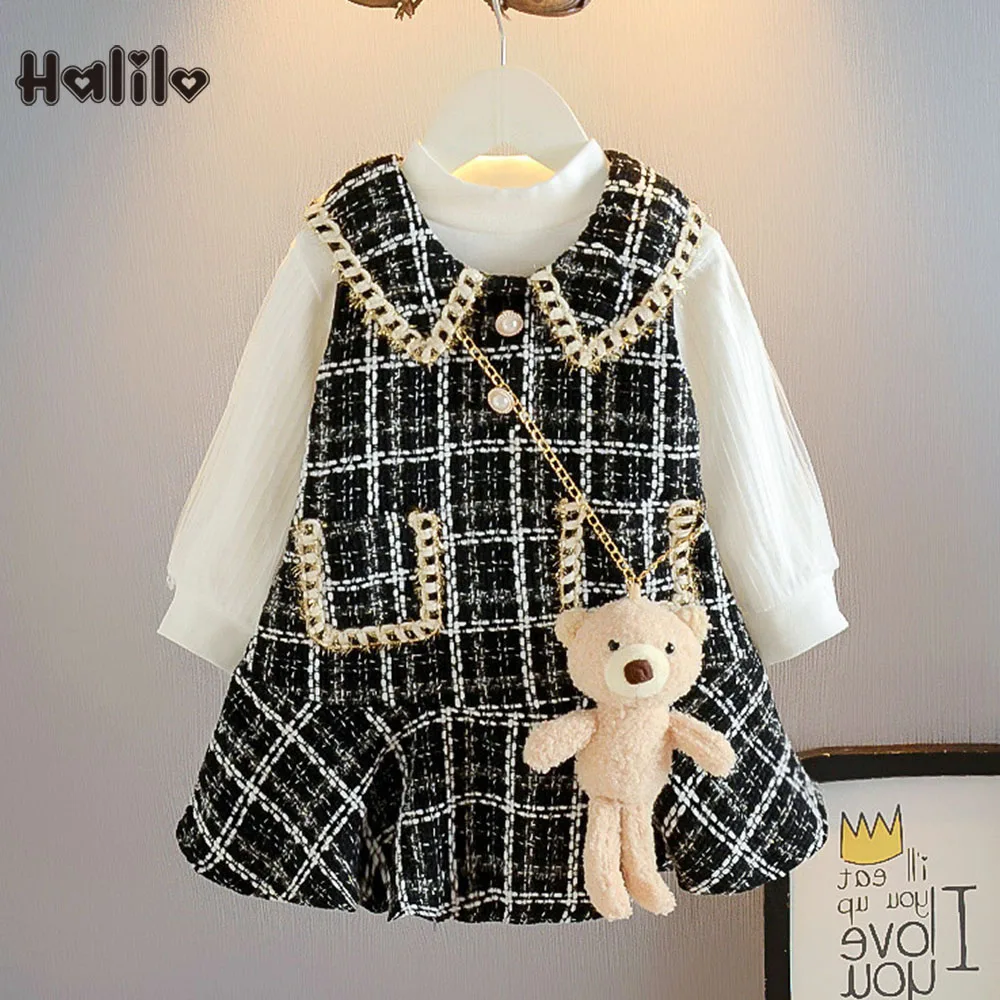 

Halilo Toddler Girl Sets White Long SLeeve Shirt + Plaid Sleeveless Dress Two Piece Children Clothes Fall School Kids Outfits