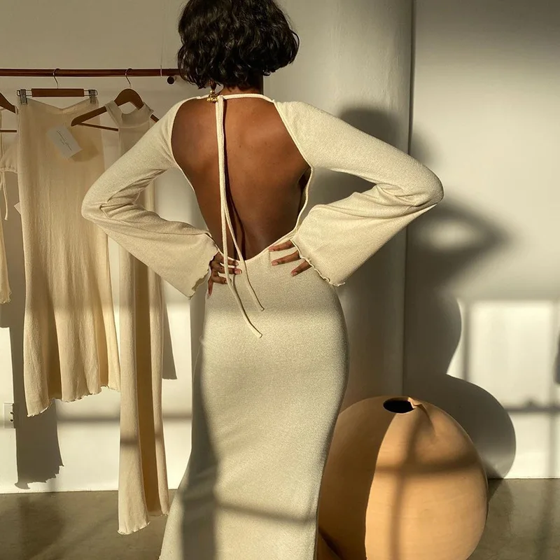 

Sexy Dress Solid Knitted Open Back Flared Long Sleeve Maxi Dress Elegant Sexy Clothes for Women2021 Fall Resort Wear