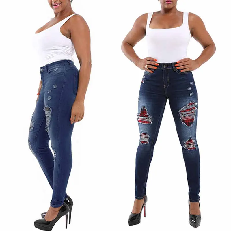 

Женские джинсы большого размера 2021, эластичные узкие рваные джинсовые брюки-карандаш с дырками, длинные брюки с высокой талией на весну и ос...