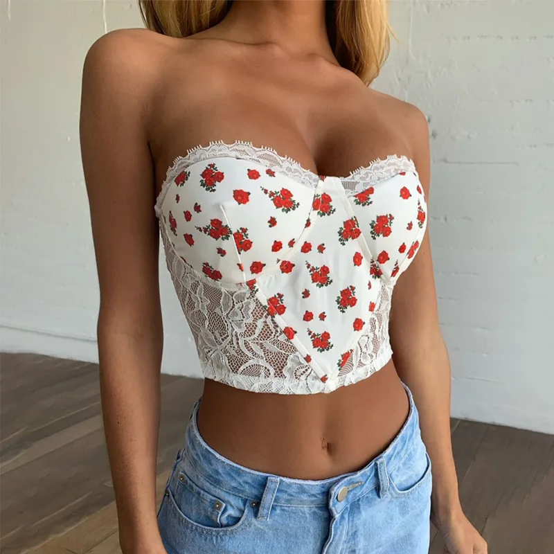 

2021 Sexy Crop Tops Summer Floral Print Lace Patchwork Bandage Ladies Tube Top Sleeveless Slim Backless Off Shoulder Tank Top