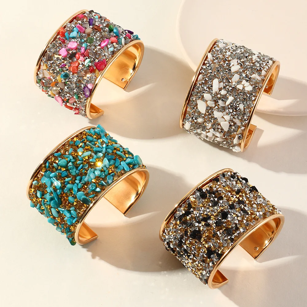 

New Arrivals Big Wide Statement Gold Crystal Stone Mixed Bangles Bracelet for Women Female Exaggerated Stone Boho Bracelets
