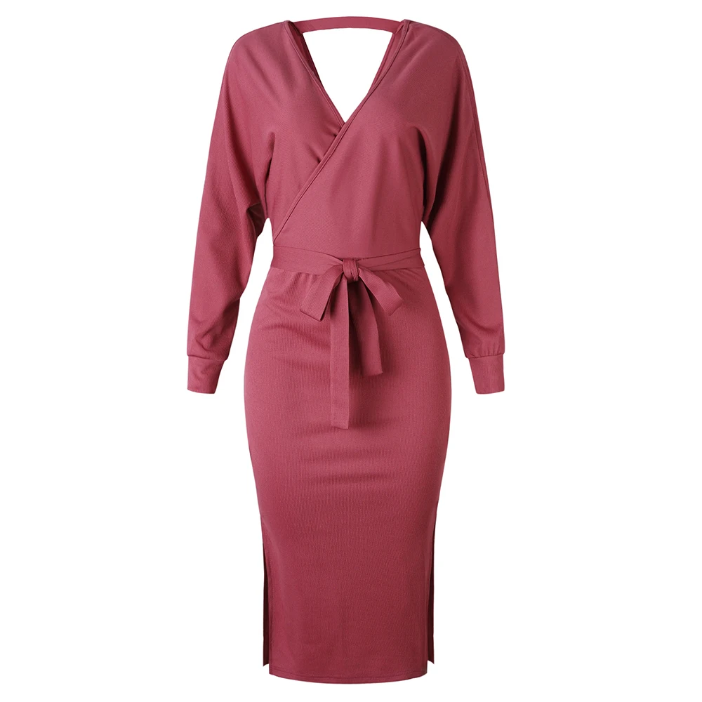 Purple Роскошное трикотажное платье с поясом, сексуальное платье ropa mujer с глубоким v-образным вырезом, осеннее миди Повседневное платье женские трикотажные изделия вечерние платья - Цвет: Purple