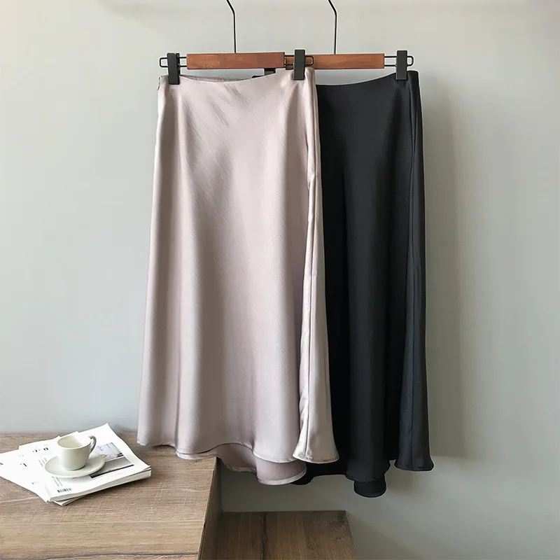 

HLBCBG 2020 New elegant spring summer slik skirt women female high waist casual a-line midi skirt female long skirt solid
