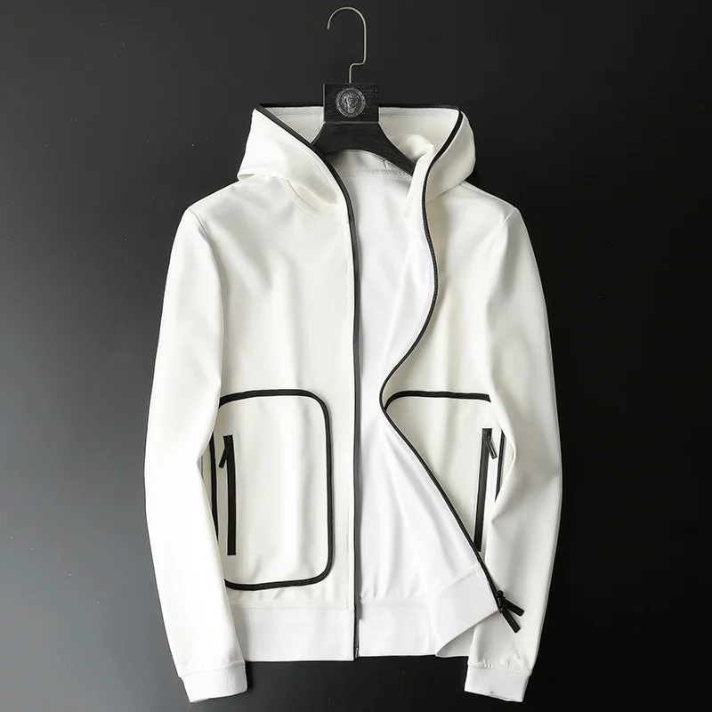 Minglu белая толстовка с капюшоном мужская Роскошная одноцветная на молнии Мужская