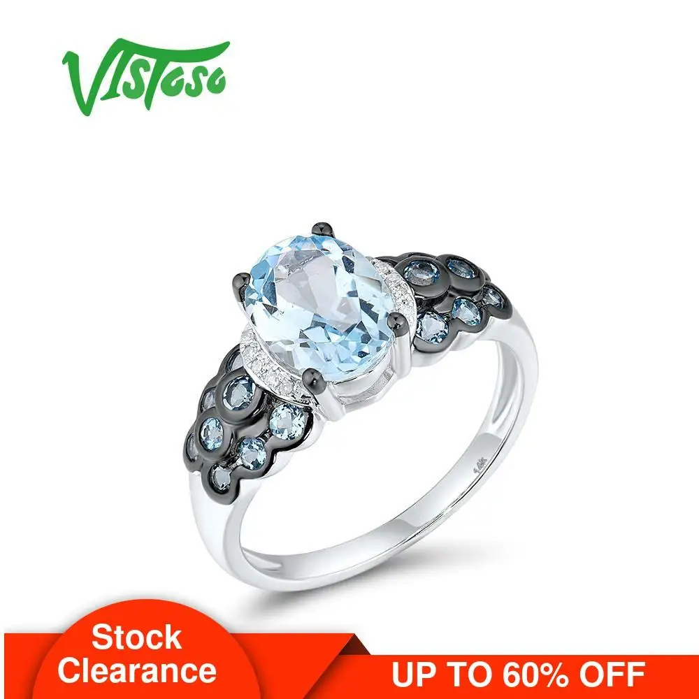 

VISTOSO Pure 14K 585 White Gold Ring For Women Sparkling Diamond Limpid Sky Blue Topaz Wedding Anniversary Gift Fine Jewelry