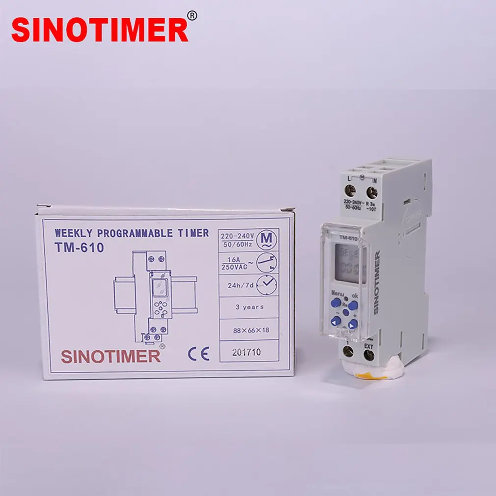 

SINOTIMER TM610 Programmable Timer Switch LCD Display 18mm Single Module Din Rail 220V External Trigger Switch