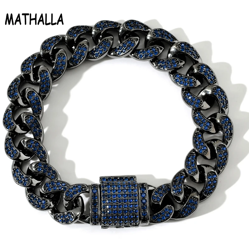 

MATHALLA Hip Hop 12mm Miami Buckle Cuban Chain Necklace Micro-inlaid Blue Cubic Zircon Black Hip Hop Jewelry Men's Gift