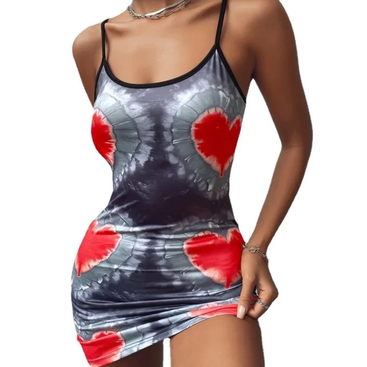 

2021 summer new style European and American V-neck printed European and American style suspenders dress