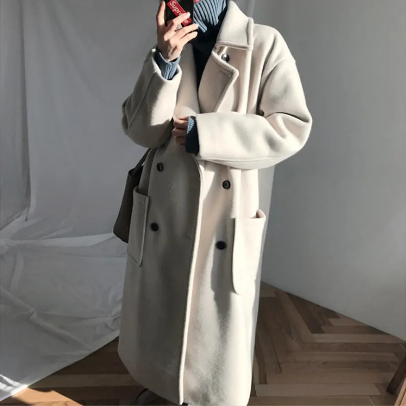 

Women Autumn Winter Beige Long Wool Coat Jacket Double Breasted Straight Woolen Overcoat Full Sleeve Cardigan Outerwear