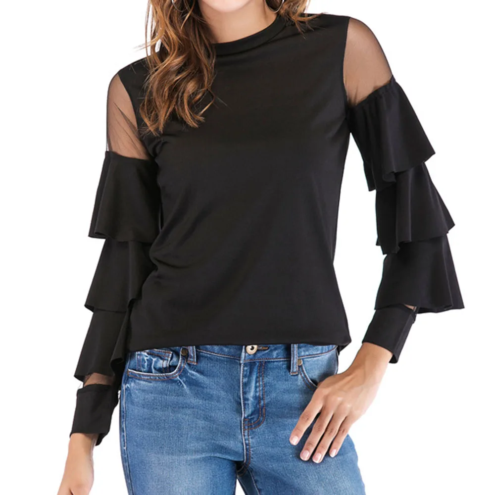 

Western Style T-Shirt Spring Summer Fashion Temperament Loose Casual Solid Color Net Yarn Splicing Flared Sleeves Round Neck