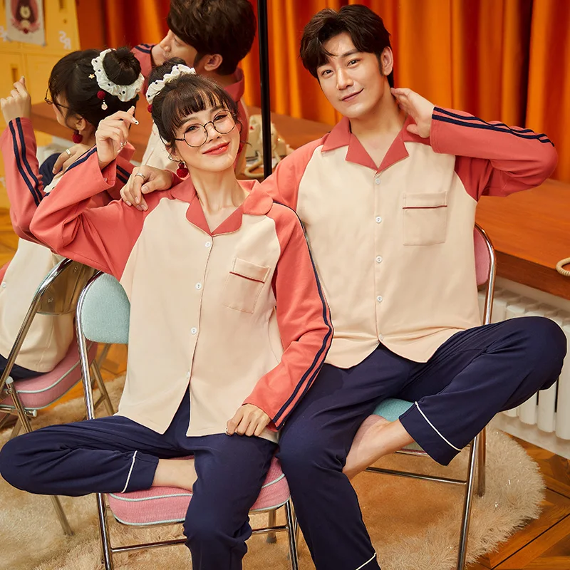 

Модные парные пижамные комплекты, хлопковые удобные пижамы, простой Свободный кардиган большого размера, домашняя одежда для пар, одежда дл...